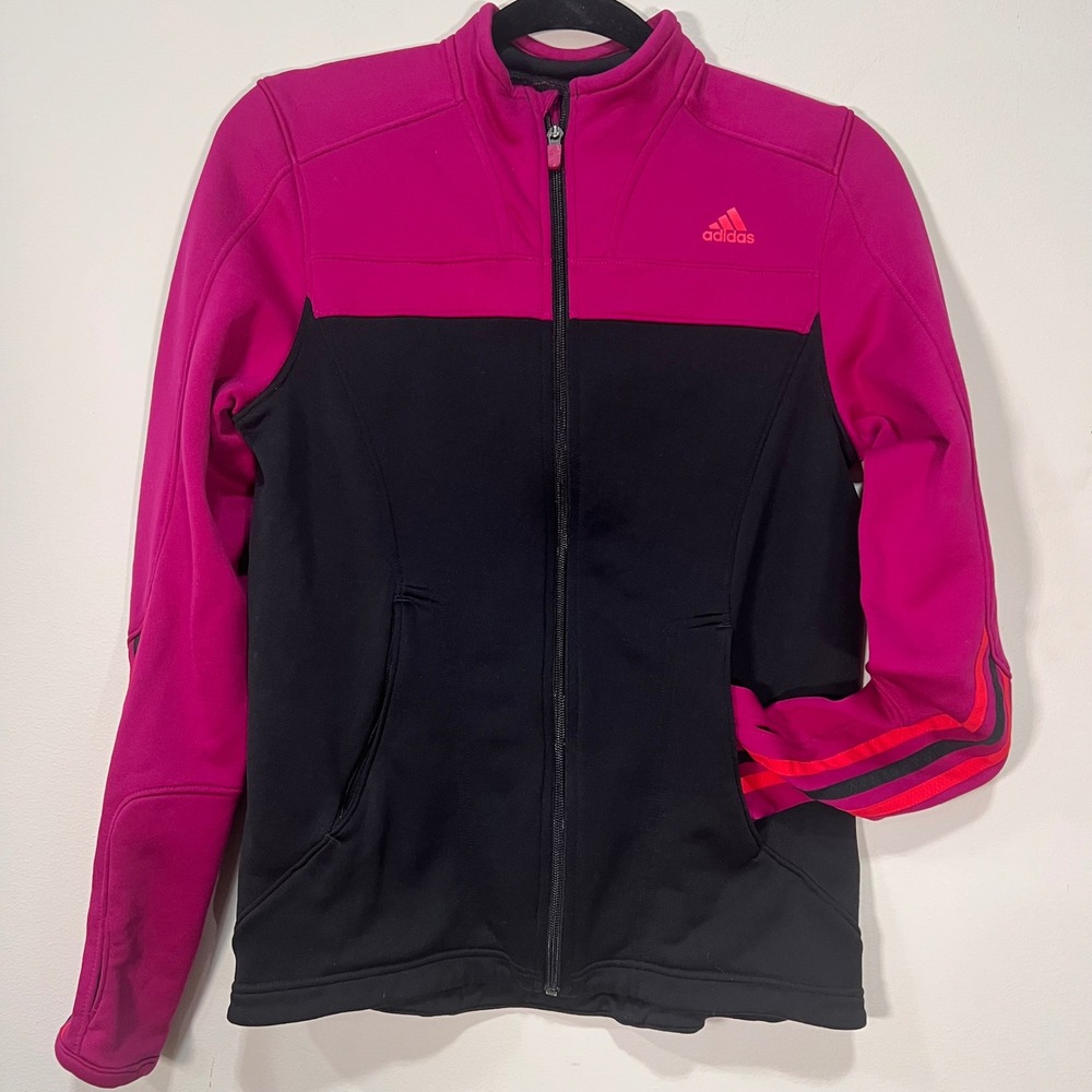 Adidas Womens Climalite Track Jacket Pink Black Full Zip Thumbholes Size Medium